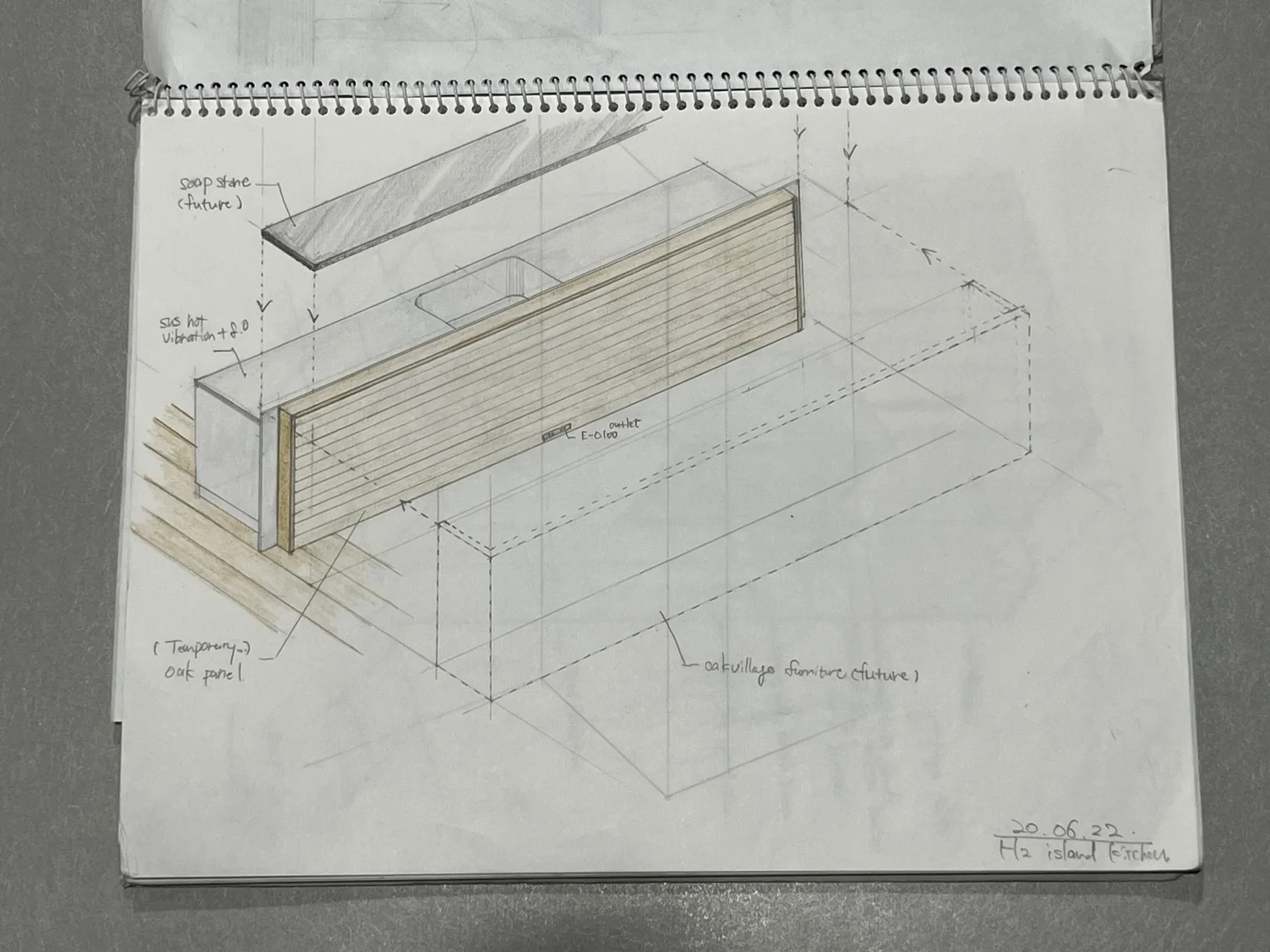 スケッチブックに描いた建築のアイデアスケッチ